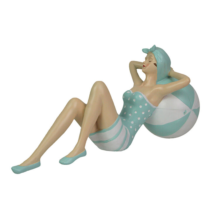 Retro Bathing Beauty Beach Girl Laying On Beachball In Blue Swimsuit Statue