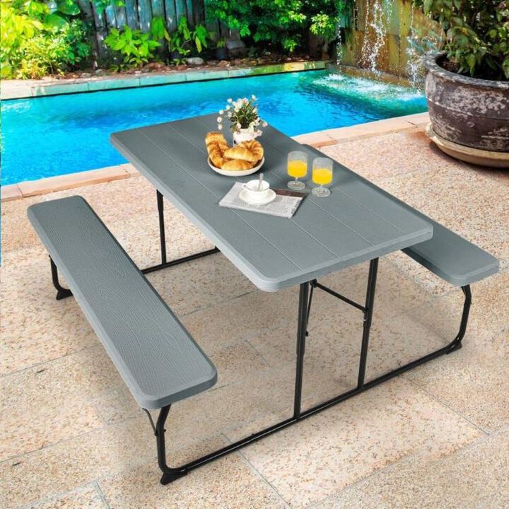 Hivvago Grey Folding Picnic Table with 2 Benches Outdoor Patio Dining Set