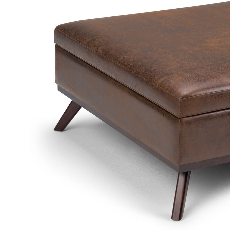 Owen Square Coffee Table Storage Ottoman in Distressed Chestnut Brown Faux Air Leather
