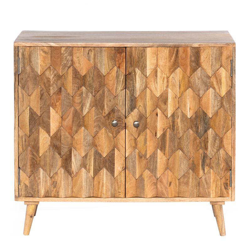 36 Inch Handcrafted Accent Cabinet, 2 Honeycomb Inlaid Doors, Mango Wood, Natural Brown-Benzara