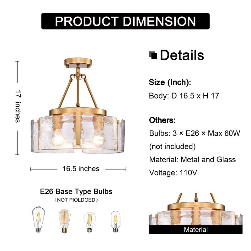 Cintia Gloss Brass 3-Light Water Textured Glass Panel Drum Semi Flush Mount image number 7