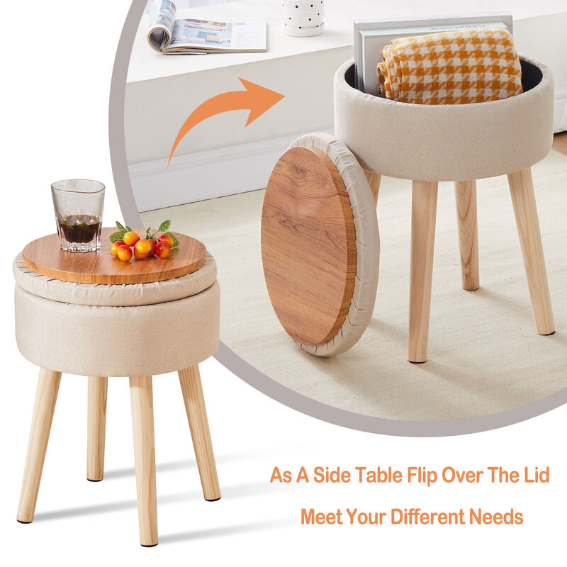 Storage Ottoman Linen Round Vanity Stool with Wood Legs – Multifunctional Foot Rest