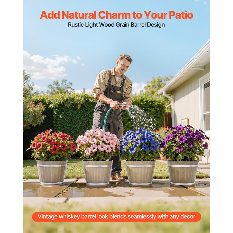 4 Pack Large Plastic Planters with Drainage, Whiskey Barrel Design Flower Pots-Brown image number 4