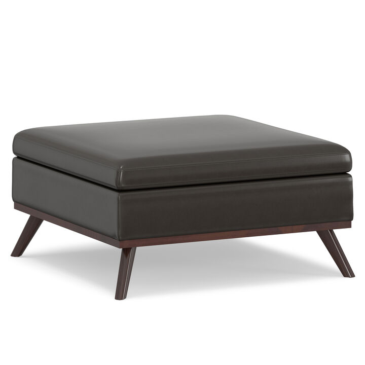 Owen 36 inch Wide Mid Century Modern Square Coffee Table Storage Ottoman in Tanners Brown Vegan Faux Leather, Assembled