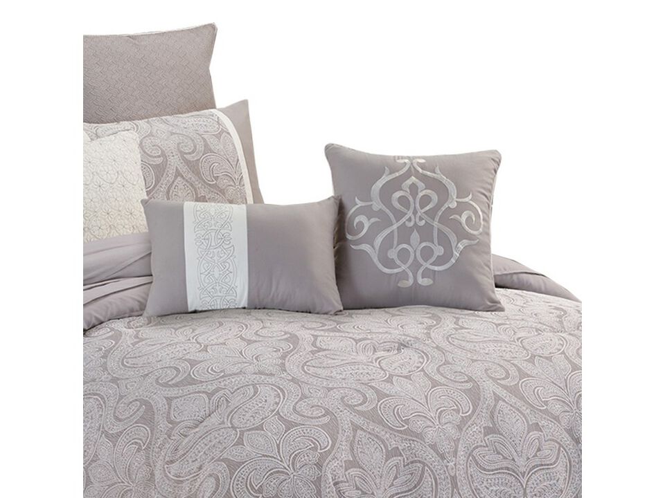 Queen Size 9 Piece Fabric Comforter Set with Medallion Prints, White - Benzara