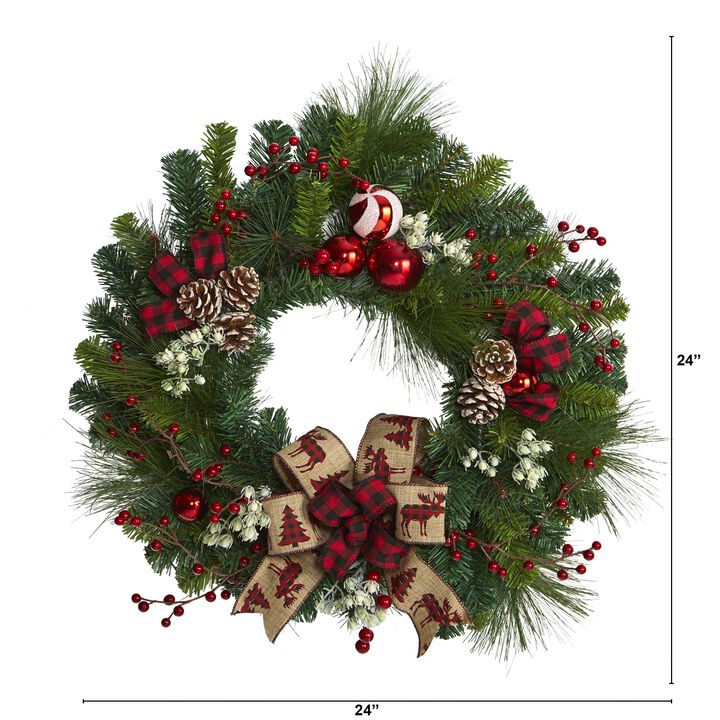 HomPlanti 24" Christmas Pine Artificial Wreath with Pine Cones and Ornaments