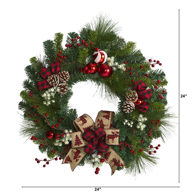 Hivvago 24" Christmas Pine Artificial Wreath with Pine Cones and Ornaments