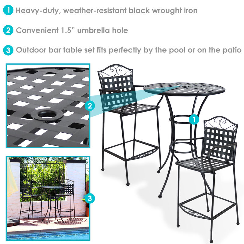 Sunnydaze Scrolling Wrought Iron Patio Bar-Height Table and Chairs - Black