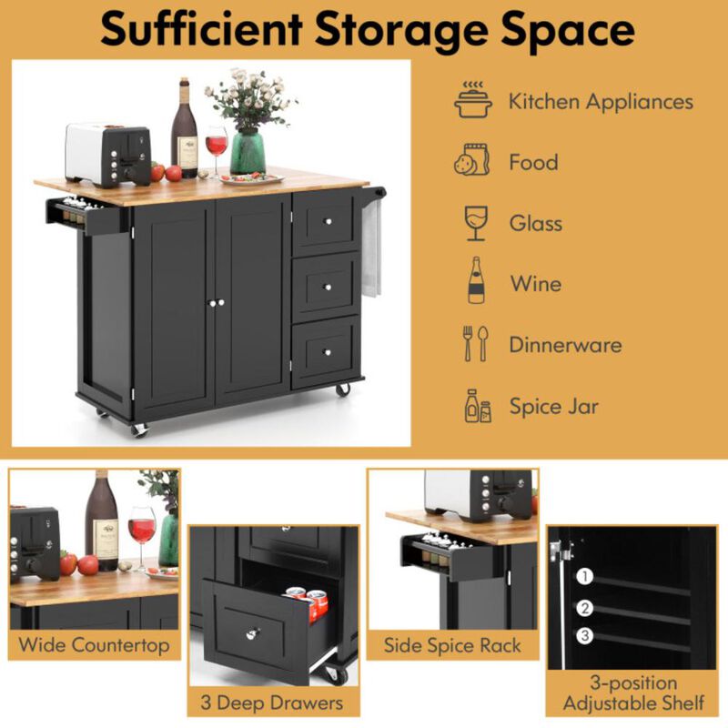 Hivvago Kitchen Wood Island Trolley Cart with Drop-Leaf Tabletop and Storage Cabinet