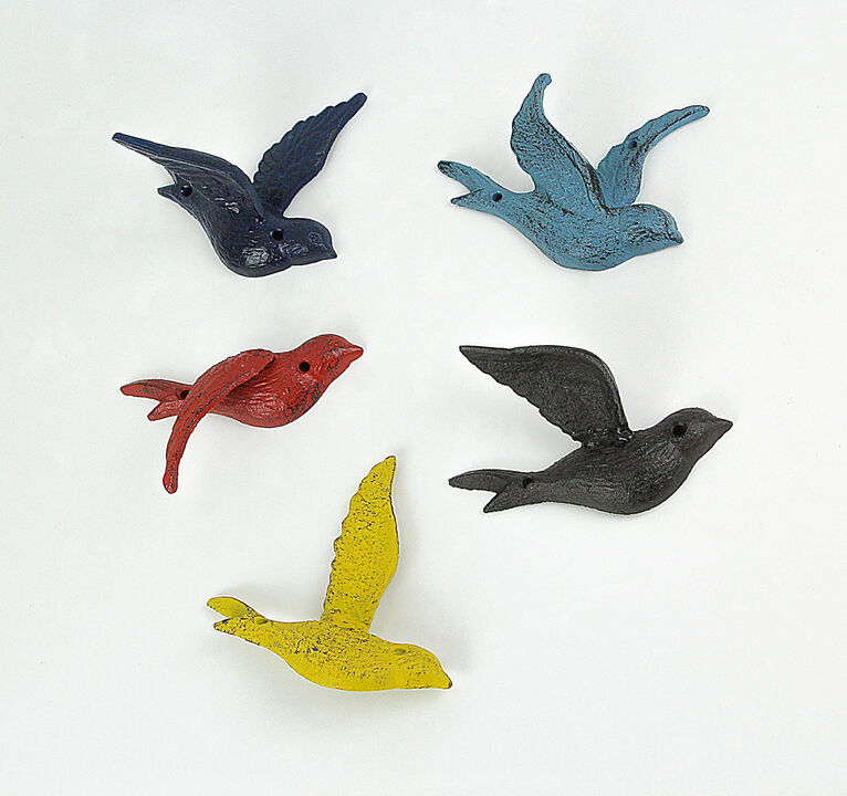 Set of 5 Colorful Cast Iron Distressed Finish Flying Bird Decorative Sculptures