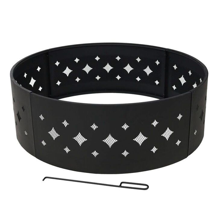 Hivvago Heavy Duty 36-inch Black Steel Fire Pit Ring with Diamond Pattern