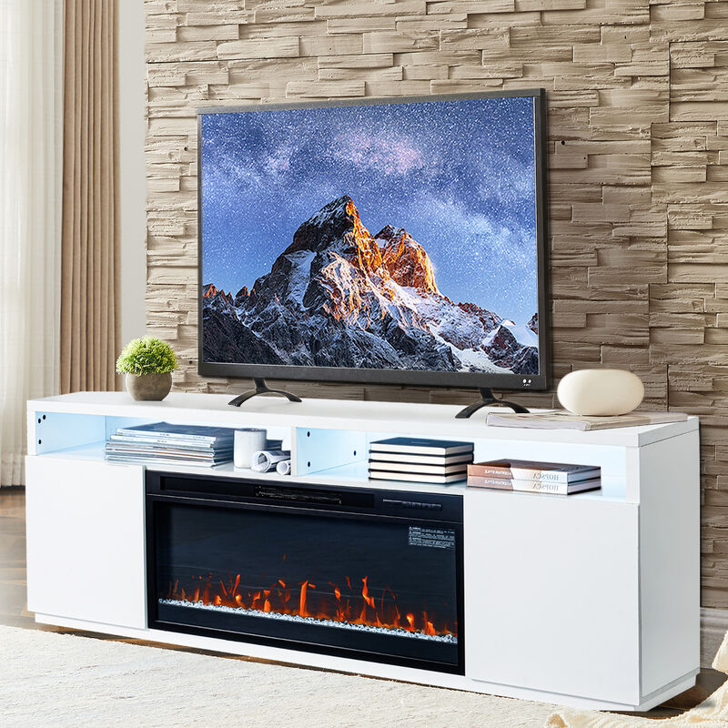 68" White LED TV Stand with Storage and 36" Insert Electric Fireplace for TVs up to 78"