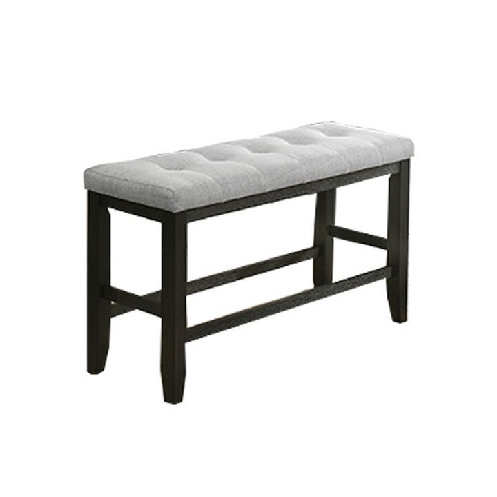 Woodlands 48 Inch Counter Height Bench, Wood, Tufted Seat, Black, White - Benzara