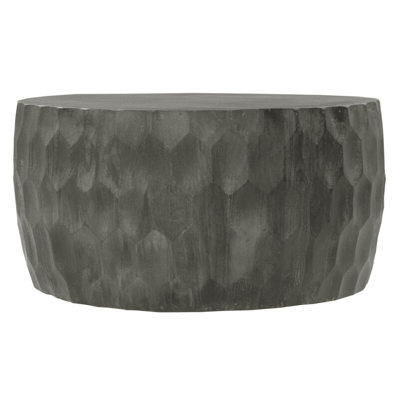 Val 34 Inch Handcrafted Mango Wood Coffee Table, Hammered Round Drum Shape, Honeycomb, Rustic Gray