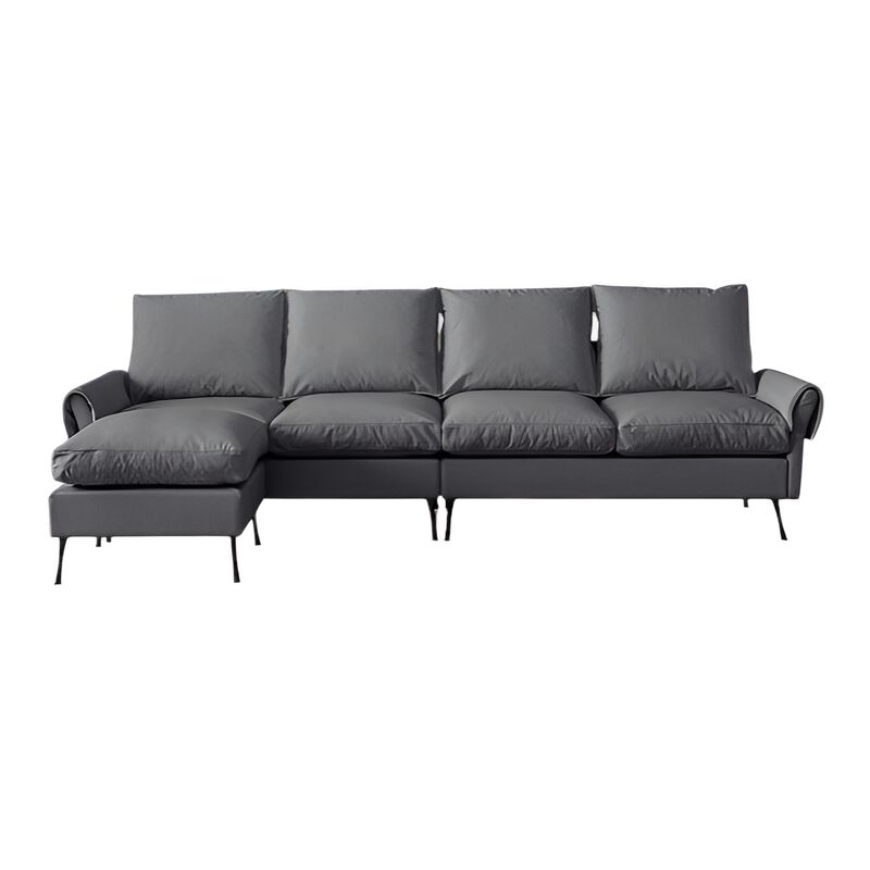 Technical Leather L-Shaped Sectional Sofa with Convertible Ottoman, Modern Couch for Living Room