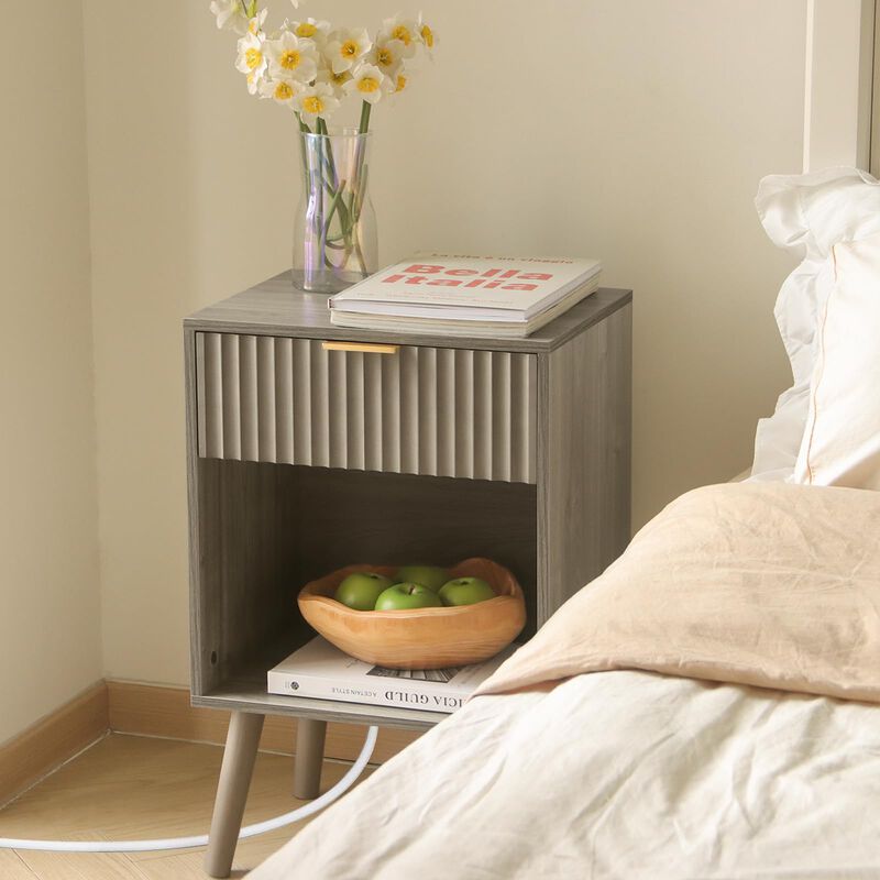 Fultyle Grey Wood Nightstand with Charging Station, Modern Bedside Table with Fluted Drawers and Storage Shelf, End Side Tables