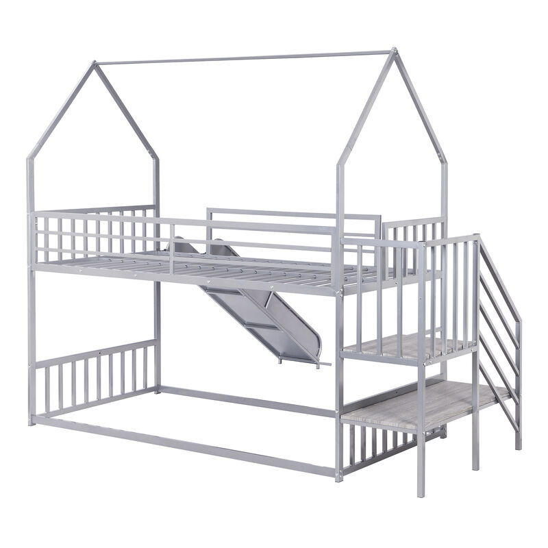 Whisen Twin Size House-shaped Metal Bunk Bed with Slide and Staircase - Black