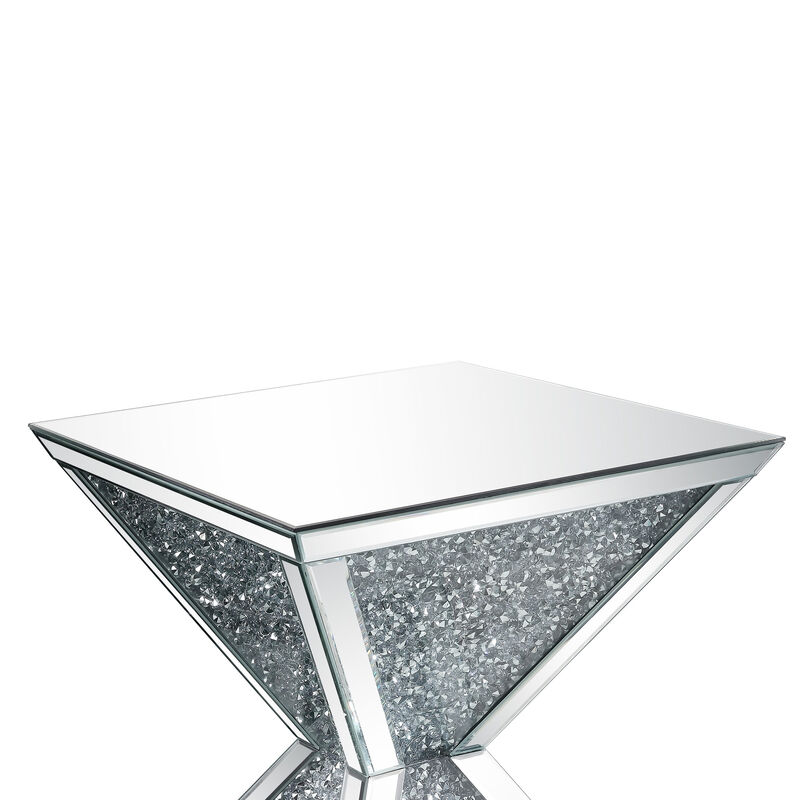 Sparkling End Table with Faux Diamonds Inlay , Silver and Clear