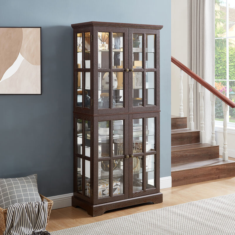Merax Antique Glass Display Cabinet with Lighting, Adjustable Shelves & Vintage Design image number 1