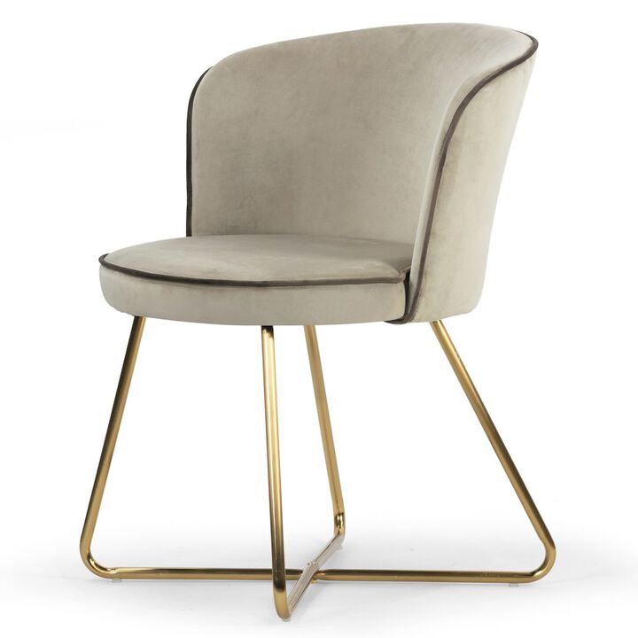 Glamour Home Set of 2 Beige Velvet Dining Chair Contrasting Piping and Golden Metal Legs