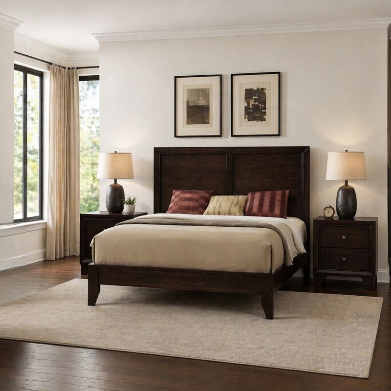 Queen Size Bedroom Set, Brown Finish, 3-Piece Set with Bed and Two Nightstands image number 1