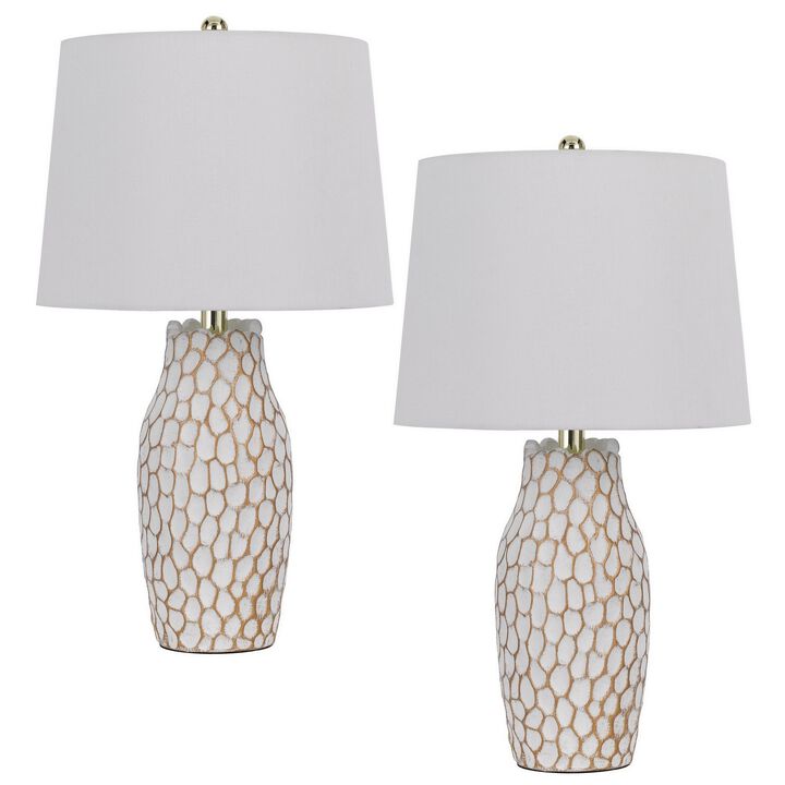 23 Inch Set of 2 Ceramic Accent Table Lamp, Hammered Base, White, Gold-Benzara