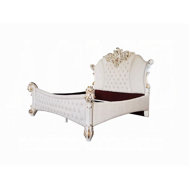 Antoine King Size Bed, Ivory Faux Leather Victorian Carved Pearl White - Benzara