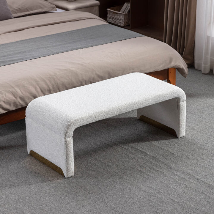 Boucle Fabric Loveseat Ottoman Footstool Bedroom Bench Shoe Bench With Gold Metal Legs, Ivory White