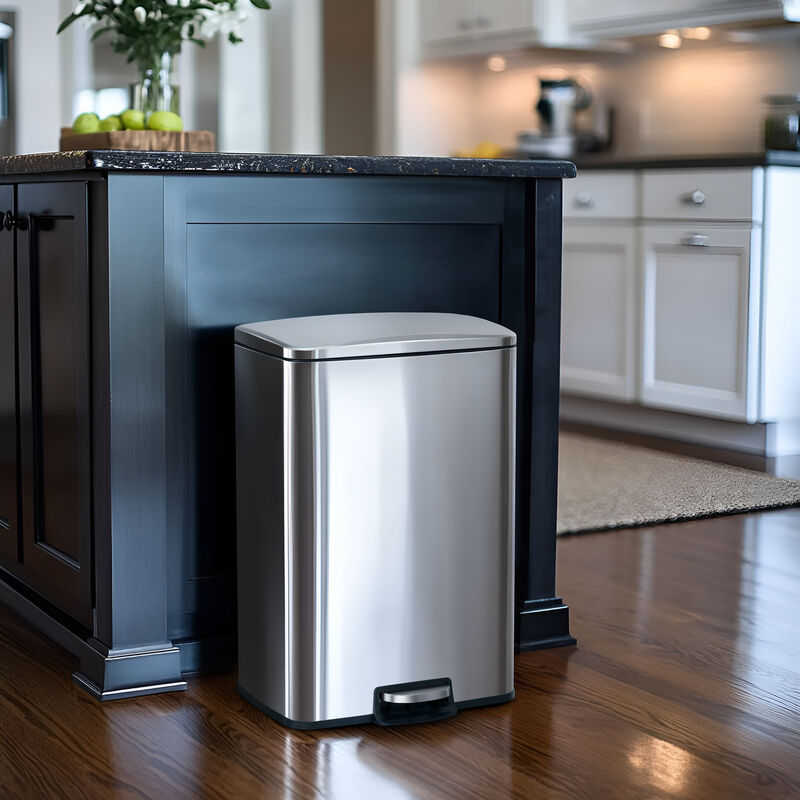 13 Gal./50 Liter Rectangular Stainless Steel Trash Can, Step-on Trash Can with Lid for Kitchen, Silver image number 1