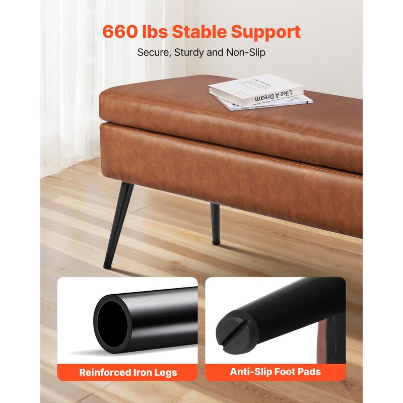 Modern Leather Storage Ottoman Bench with Metal Legs, Entryway Shoe Bench Seat, Brown image number 7