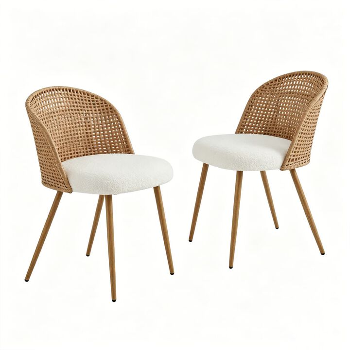 2 Pack Rattan Dining Chairs PE Rattan Woven Back Dining Chair with Teddy Upholstered Cushion Metal Legs Kitchen Dining Chairs