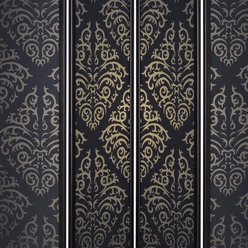 Captivating Four Panel Folding Screen With Damask Print, Black - Benzara