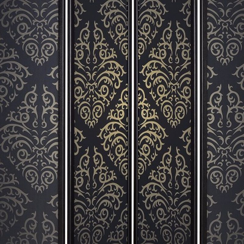 Captivating Four Panel Folding Screen With Damask Print, Black