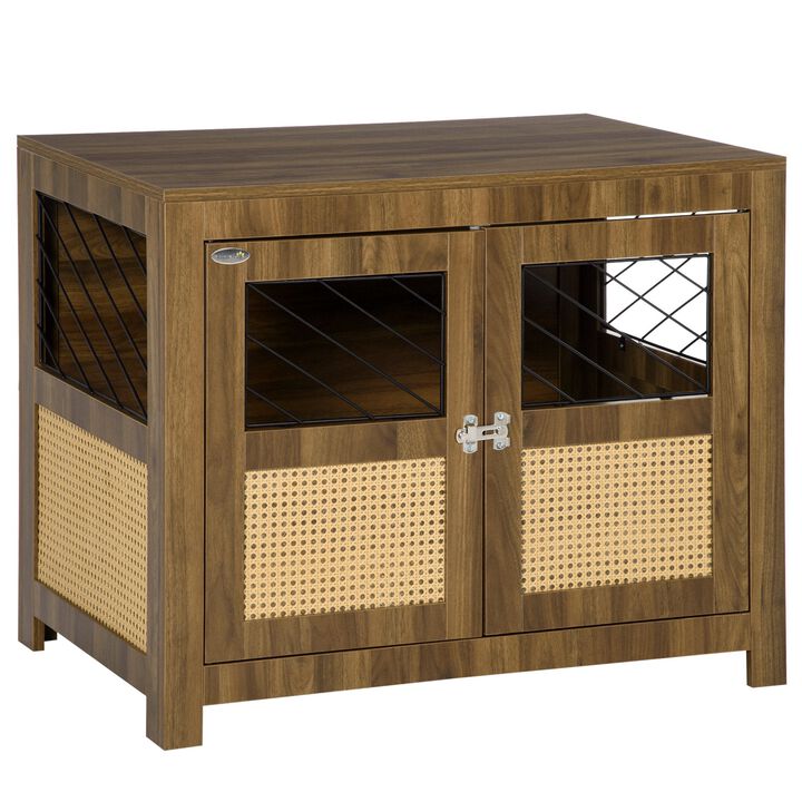 Walnut Pet Furniture: Dog Crate End Table with Cushion and Doors