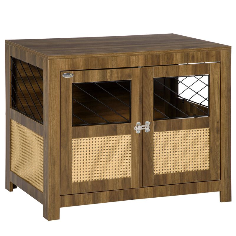 Walnut Pet Furniture: Dog Crate End Table with Cushion and Doors