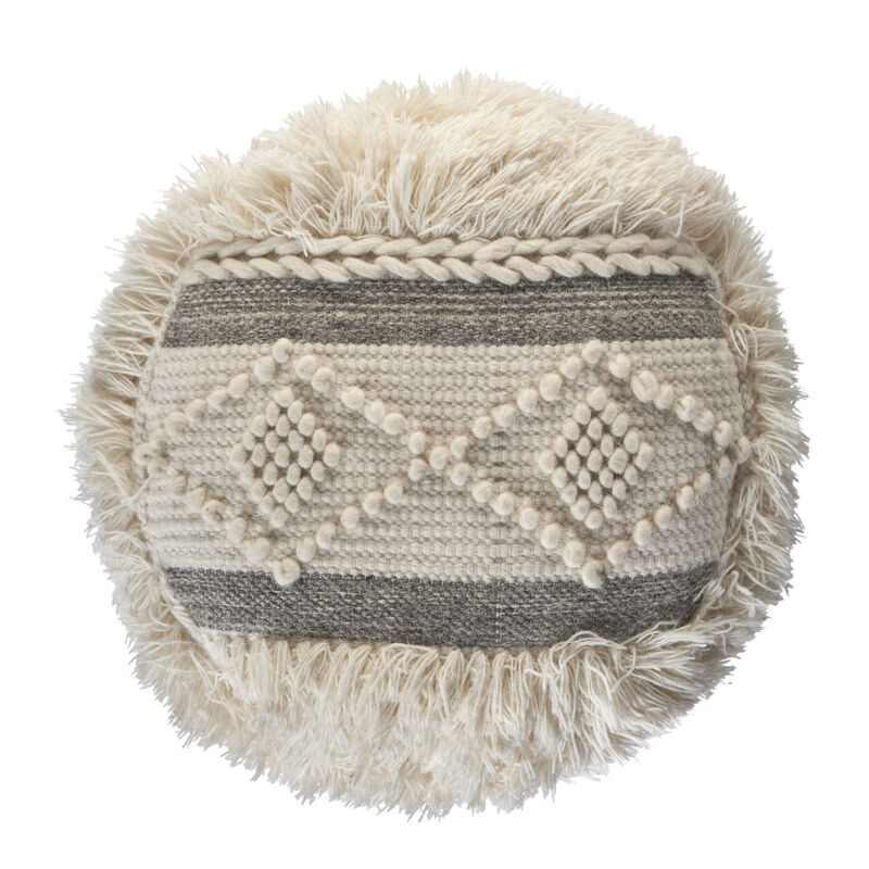 Hivvago 18 Inch Cream Wool Cotton Blend Round Geometric Pouf Ottoman