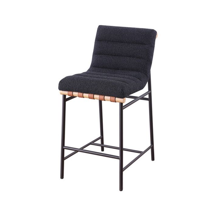 Kive 24 Inch Counter Height Stool Chair, Black Boucle Channel Tufted Seat, Steel - Benzara