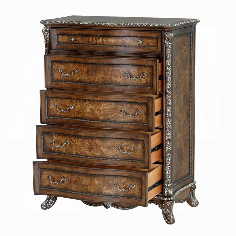 Vany Tall Dresser Chest, Traditional Floral Trim, Cherry Brown  - Benzara