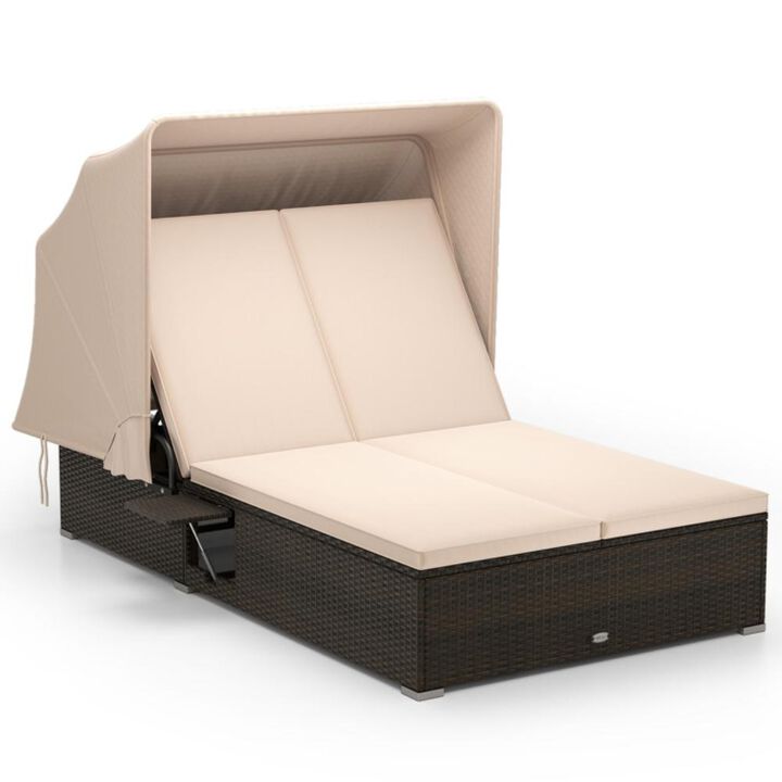 Hivvago Patio Double Chaise Lounge with Shade Cushions and Folding Side Trays