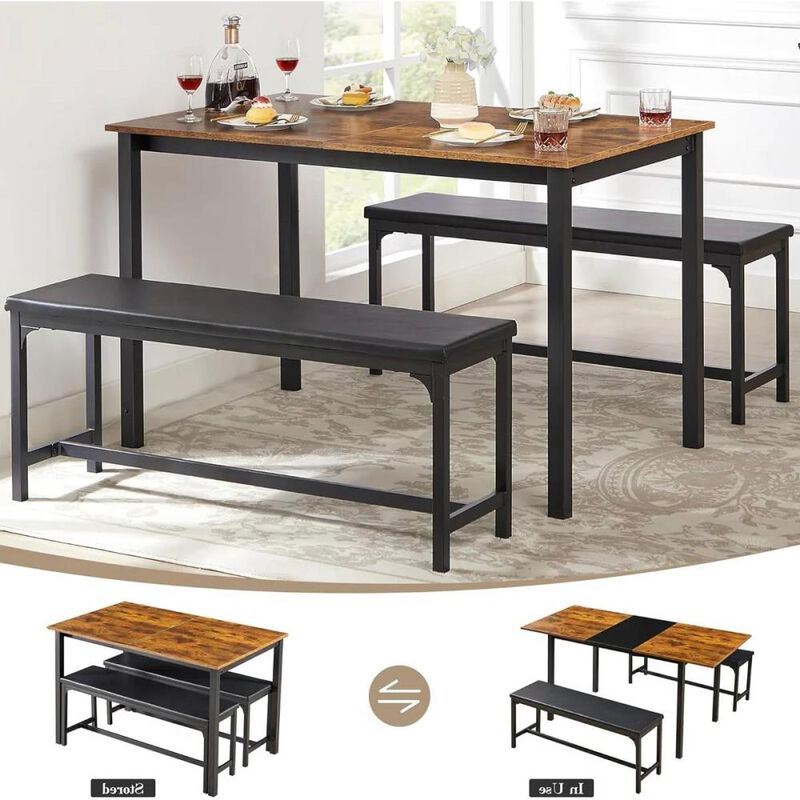 Hivvago Modern 3-Piece Dining Set with Expandable Kitchen Table and 2 Backless Benches