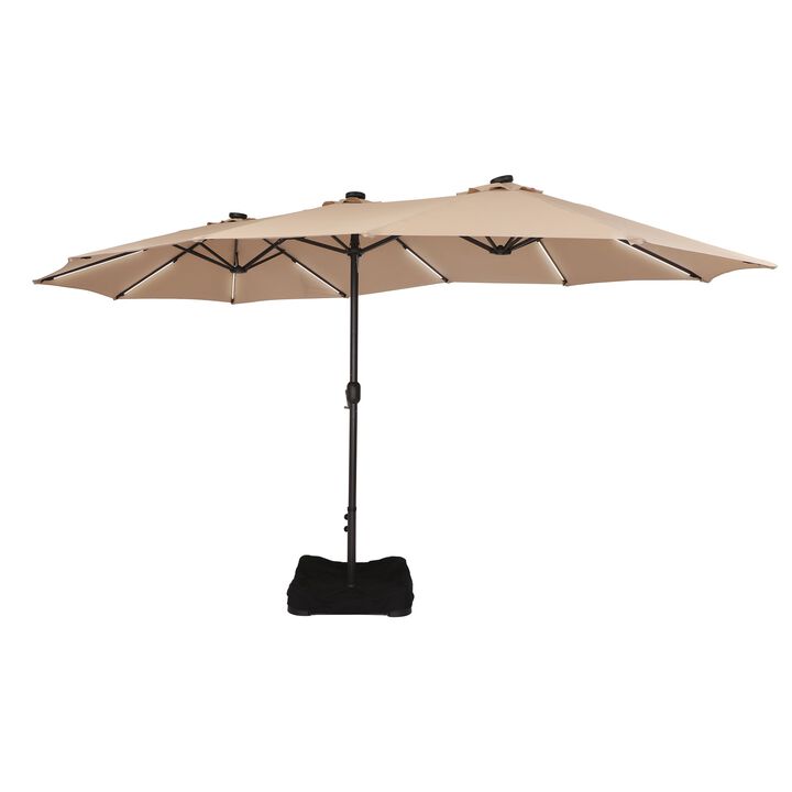 15 FT Double-Head Patio Umbrella with Base Included Large Outdoor Umbrella with Solar Detachable Lights Rectangular Crank Market Umbrella, Red