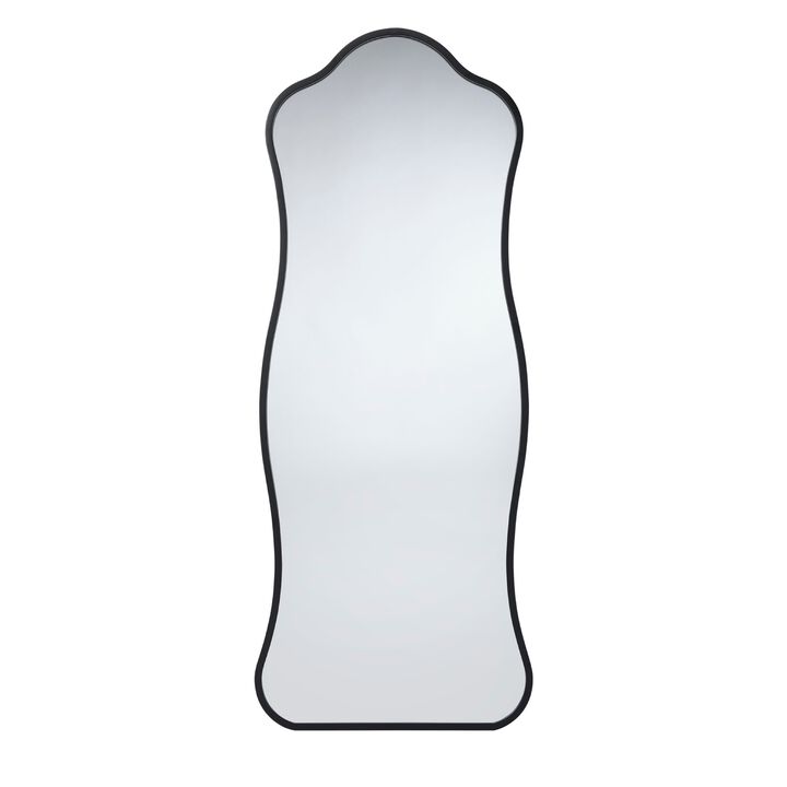 Ari Floor Mirror, 58 Inch, Black Metal Wavy Frame, Hand Forged Iron - Benzara