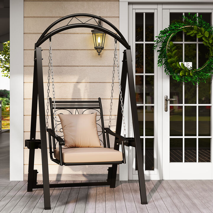 Outdoor Garden Porch Swing with Removable Cushions and Built-In Side Tables-Black