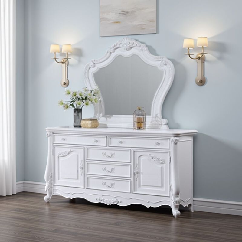 Maver Dresser Mirror, 46x48, Beveled Edges, White Ornate Carved Wood