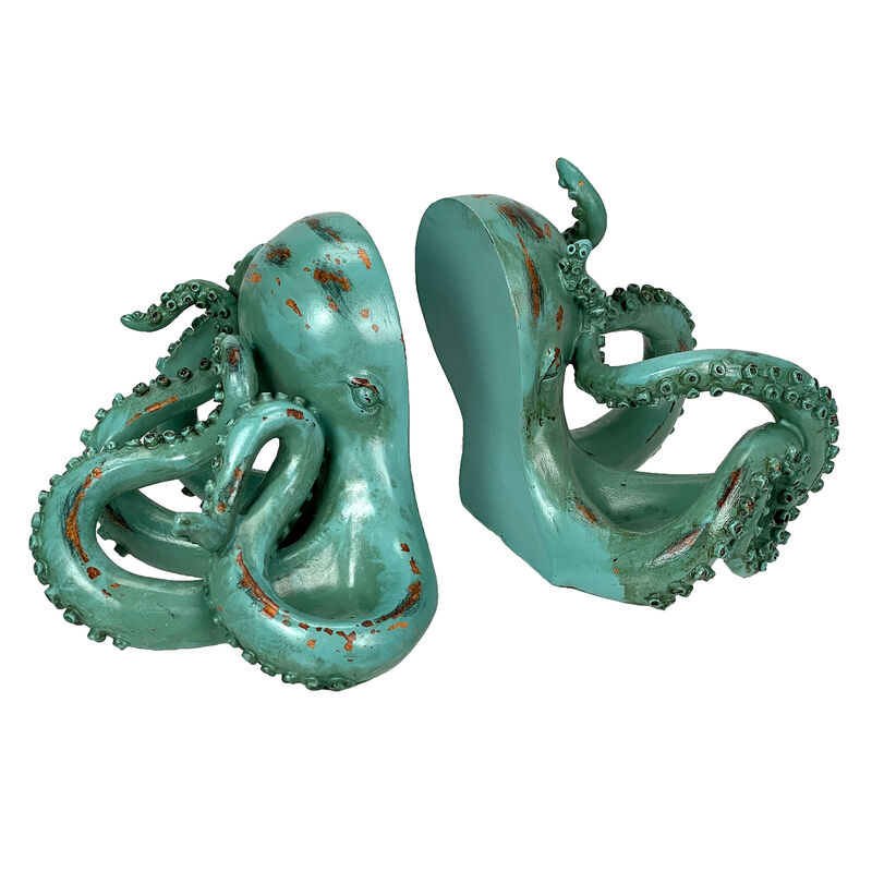 Aqua Green Octopus Bookends Set of 2 Nautical Polyresin Coastal Shelf Decor image number 0