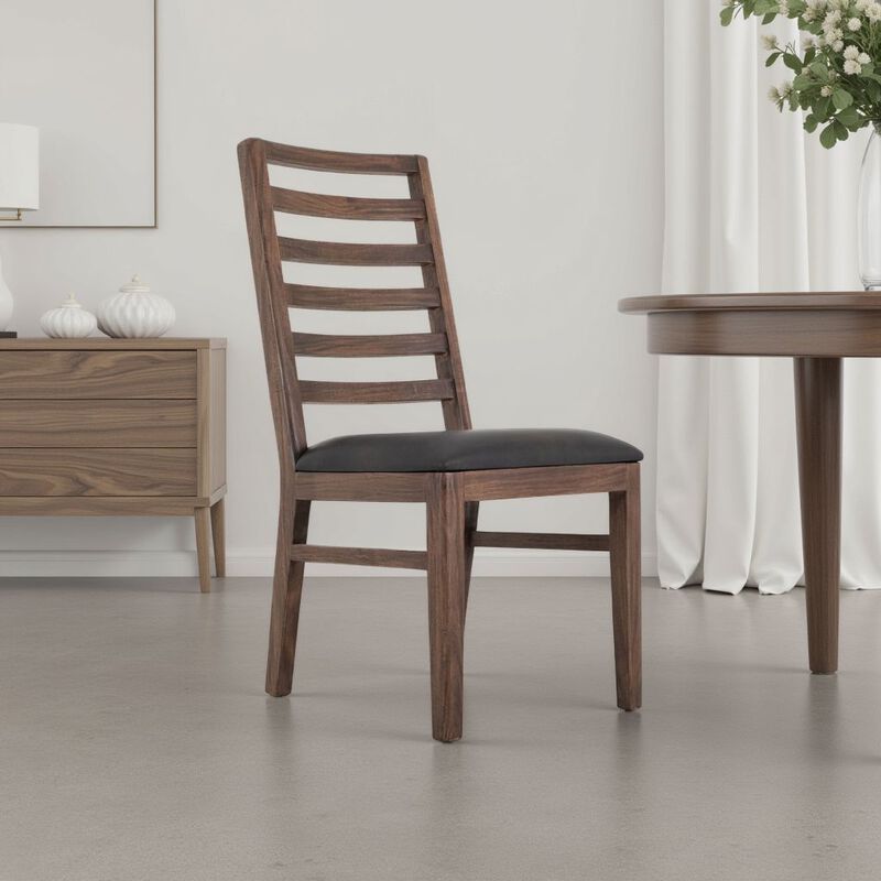 Ally Dining Chair Set of 2, Ladderback, Melina Wood, Brown Polyester - Benzara