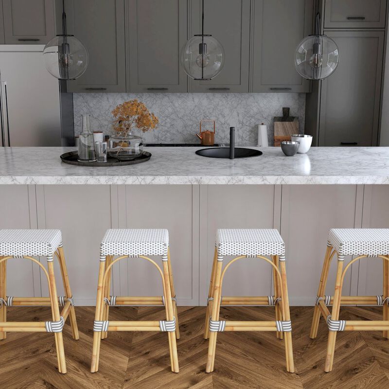 Butler Specialty Robias Rectangular Rattan 30 Bar Stool, Gray and White Dot