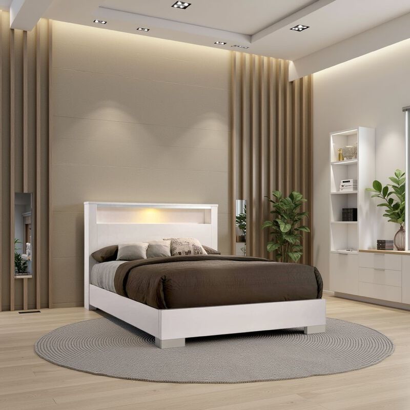 Queen Size Bed with Open shelf, White - Benzara