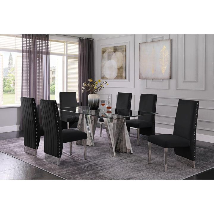 Classic 7pc Dining Set w/Pleated Side Chair, Glass Table w/ Silver Spiral Base, Black