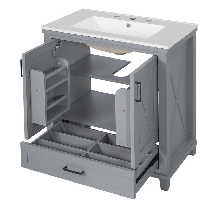 Whisen 30-inch Bathroom Vanity with Single Sink, Solid Wood Frame + MDF, 2 Soft-Close Doors, 1 Divided Drawer, Dual Storage Shelves